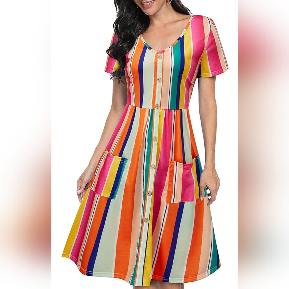 NWT Sundress V neck striped casual button with pockets by Votepretty